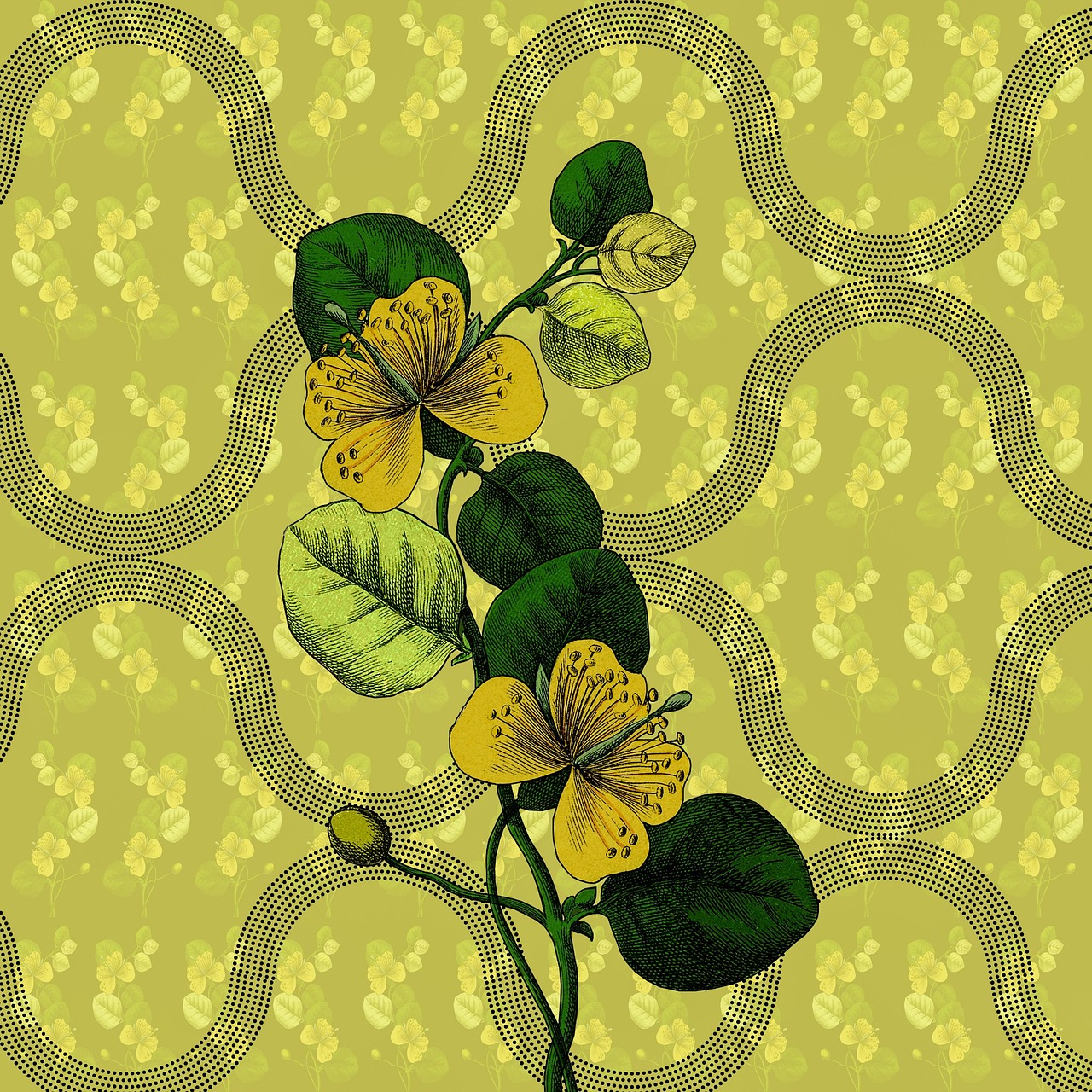 Botanische print sierkussen op houten dressoir.